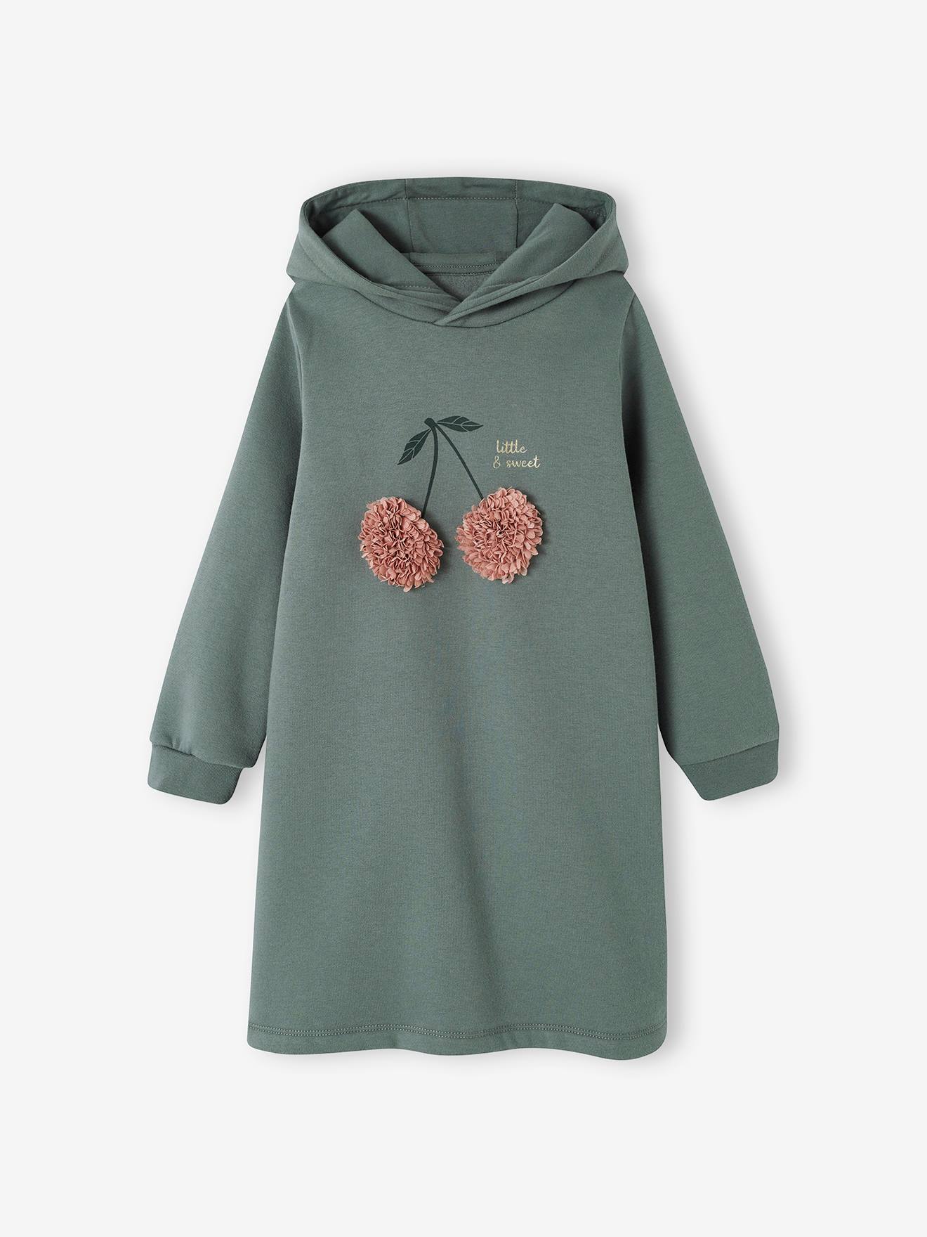 Vestido de pelúcia com capuz e detalhes encantadores, para meninas, azul médio liso com estampas.