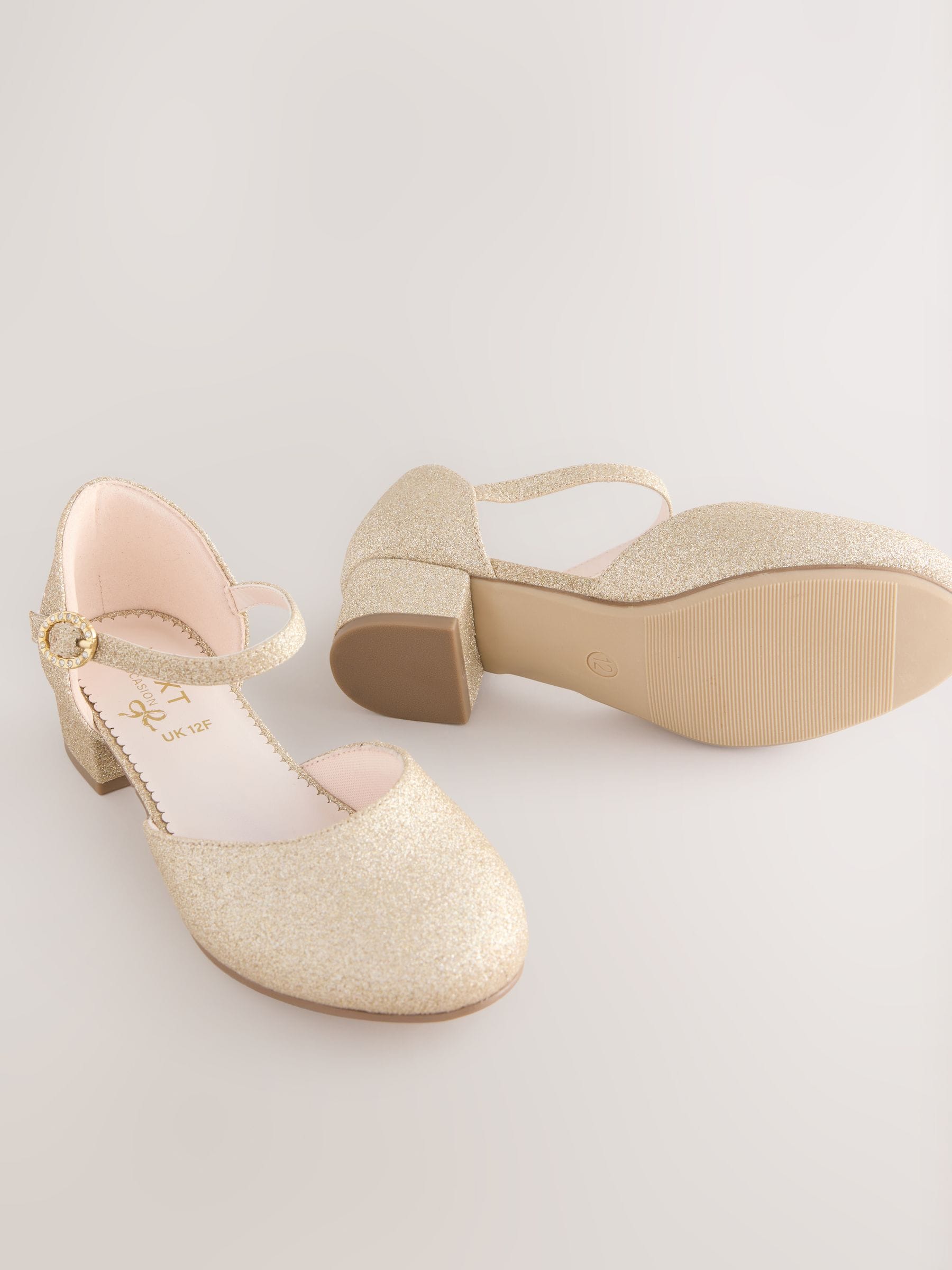 Goud glitter - Gelegenheidsschoenen met enkelbandje en lage hak