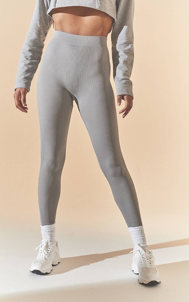 Gris Chiné Legging Côtelé Basique À Contours Structurés