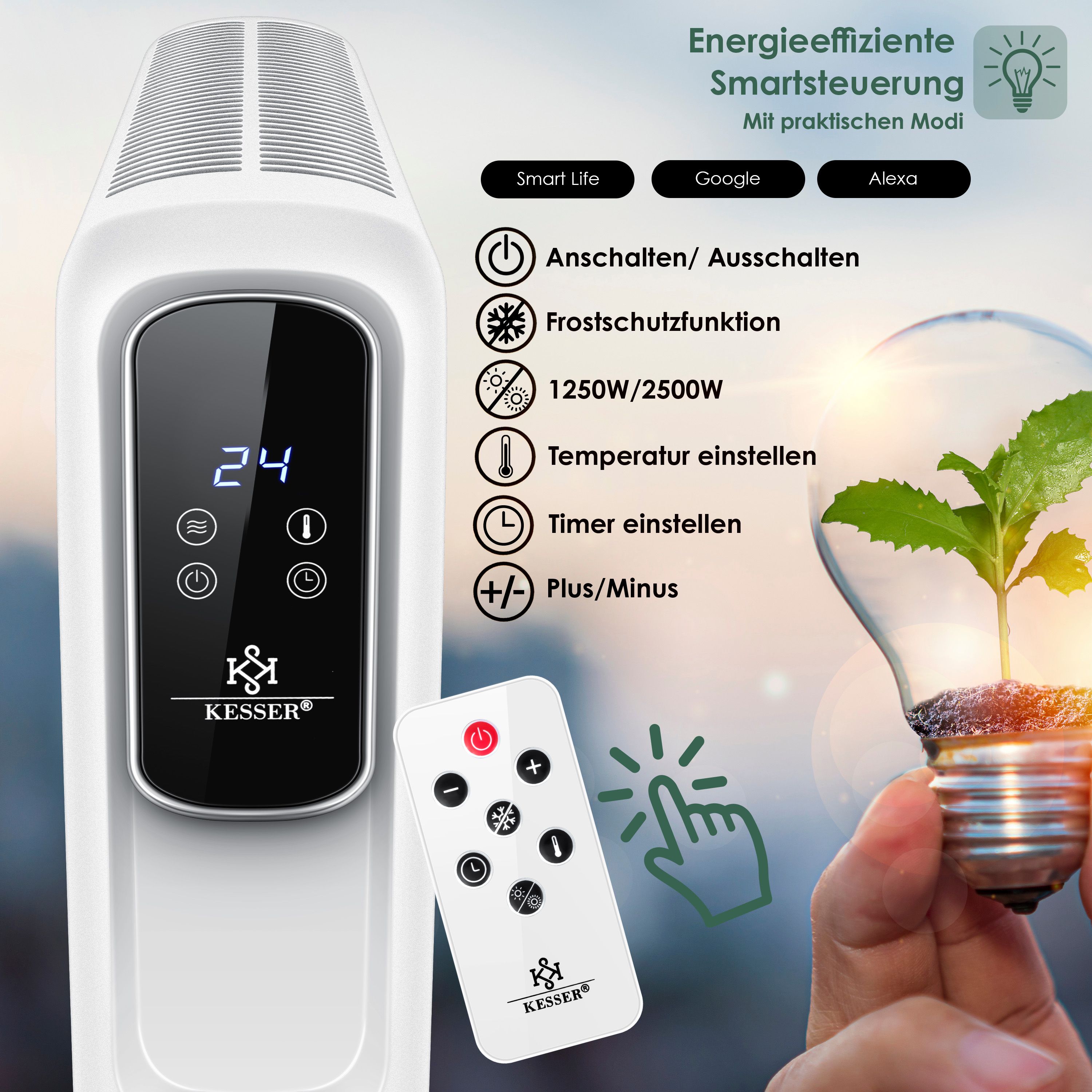 KESSER® Konvektor Elektrische Heizung ECO 2500W Heizkörper Elektroheizung Standheizung energiesparend Display WiFi App & Fernbedienung Touchscreen - Mobil Radiator 24h Timer Thermostat