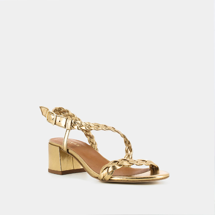 Sandales à talons et brides tressées  en cuir métallisé platine
