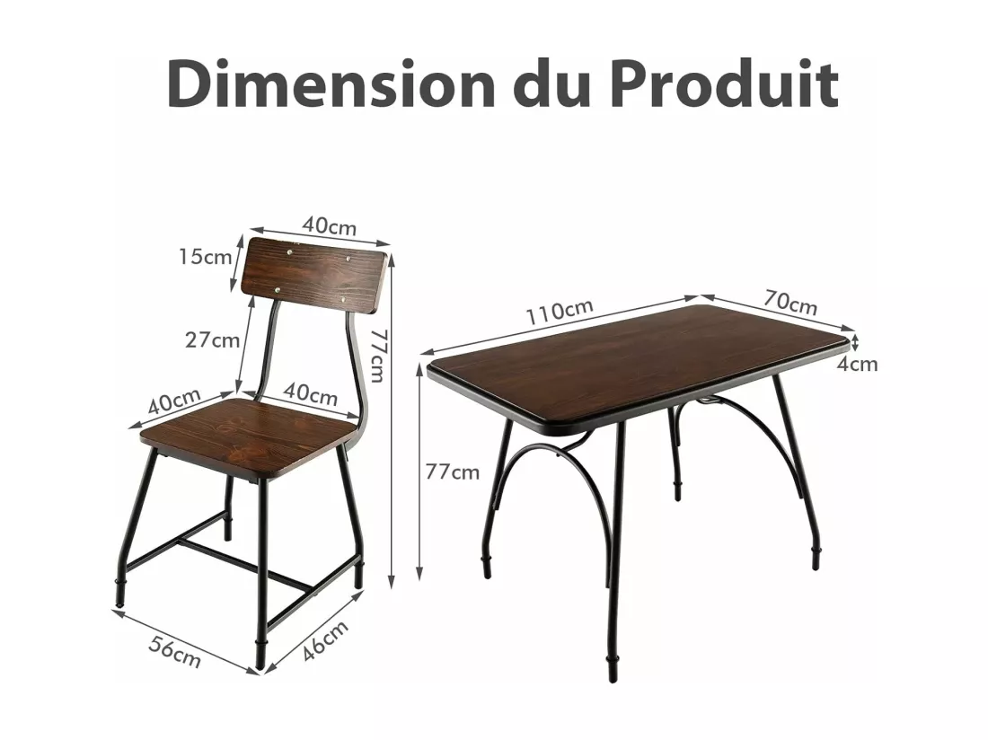 Ensemble de Table à Manger 3 Pièces, Table de Cuisine Rectangulaire et 2 Chaises pour 2 Personnes, avec Structure en Métal, pour Cuisine, Coin Repas, Restaurant, Marron (1 Table+2 Chaises)