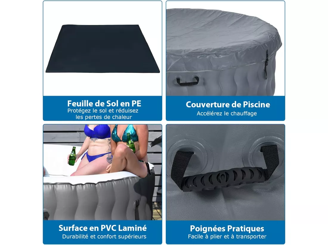 Spa Gonflable, 2 à 4 Personnes, 180 x 68 CM, Spa Rond Portable avec 108 Jets de Massage, Filtration à Cartouche et Bâche de Protection pour Le Spa, Gris (avec Appui-tête et Porte-gobelet)