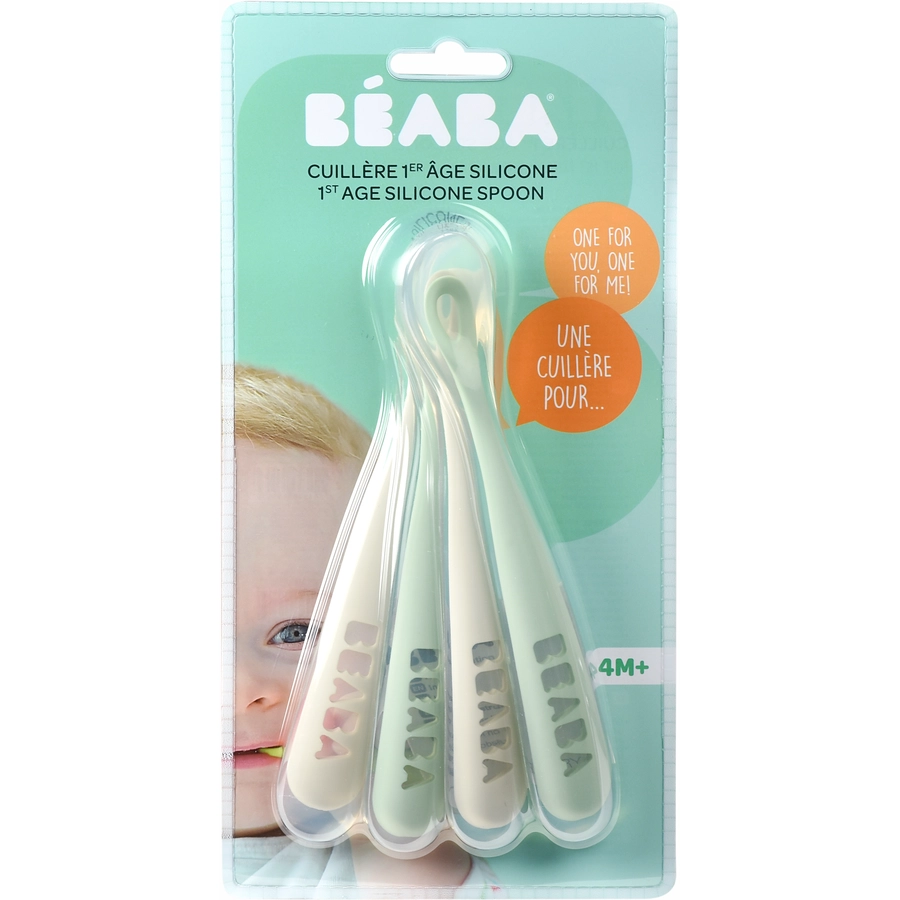 BEABA® Babylöffel 4er Set aus Silikon ab 8 Monate, velvet grau salbeigrün