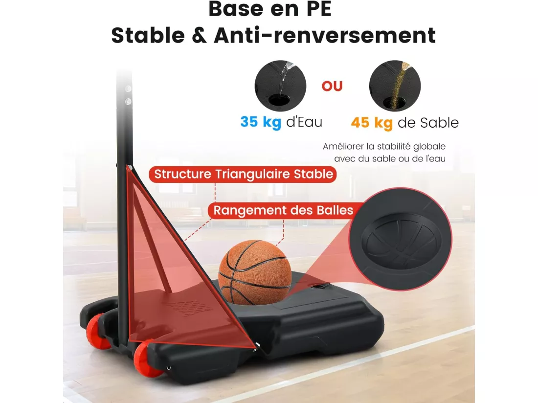 Panier de Basket-Ball sur Pied, Ensemble de Basketball Portable avec Rangement pour Ball et Roues, Exterieur Interieur pour Enfants/Adultes (75 x 50 x 193-248 cm)
