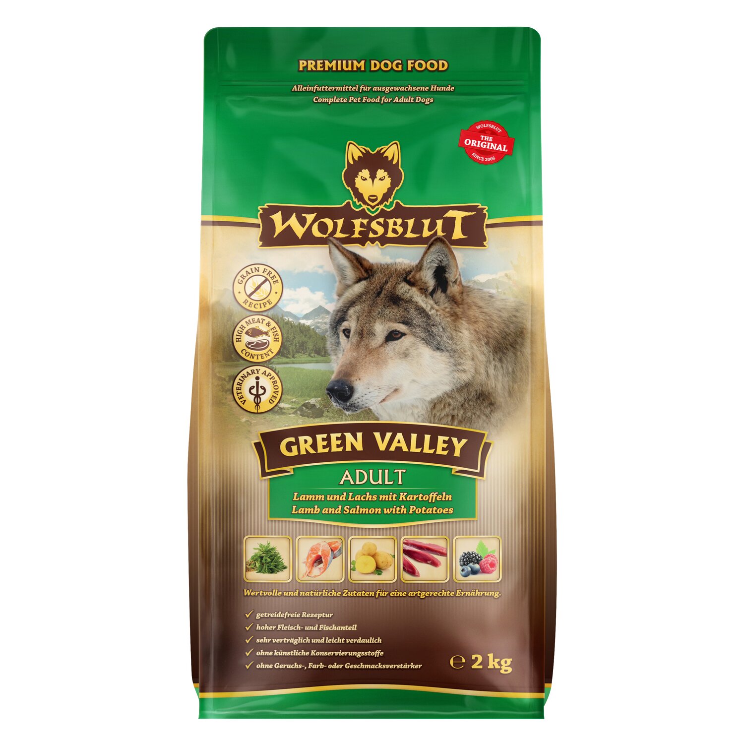 WOLFSBLUT Trockenfutter Adult Green Valley - 2 kg - Lamm & Lachs