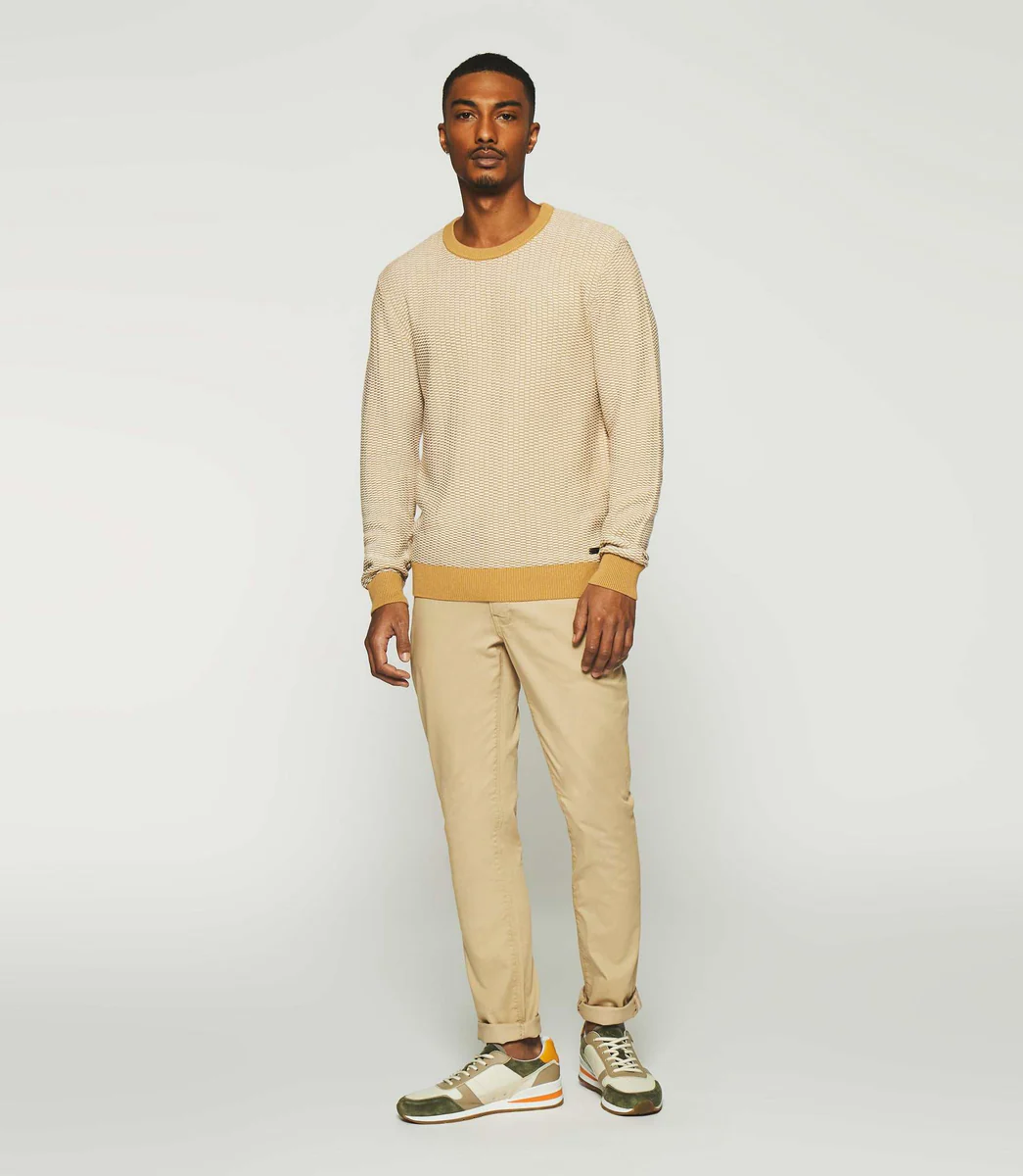 Pull col rond en coton camel et écru DAMIAN