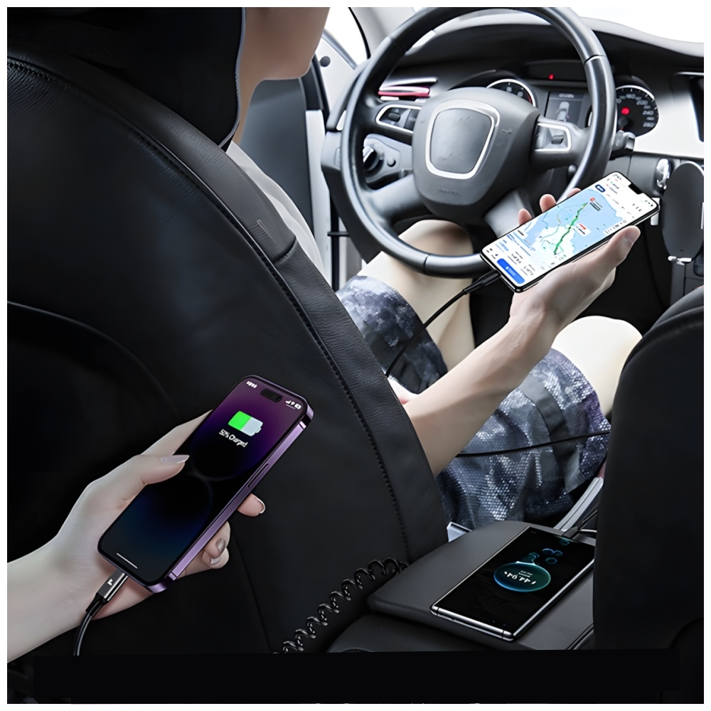 (60W) USB C / USB A Auto KFZ Ladegerät Car Charger für Zigarettenanzünder mit USB C Spiral Ladekabel (USA001245) - Schwarz