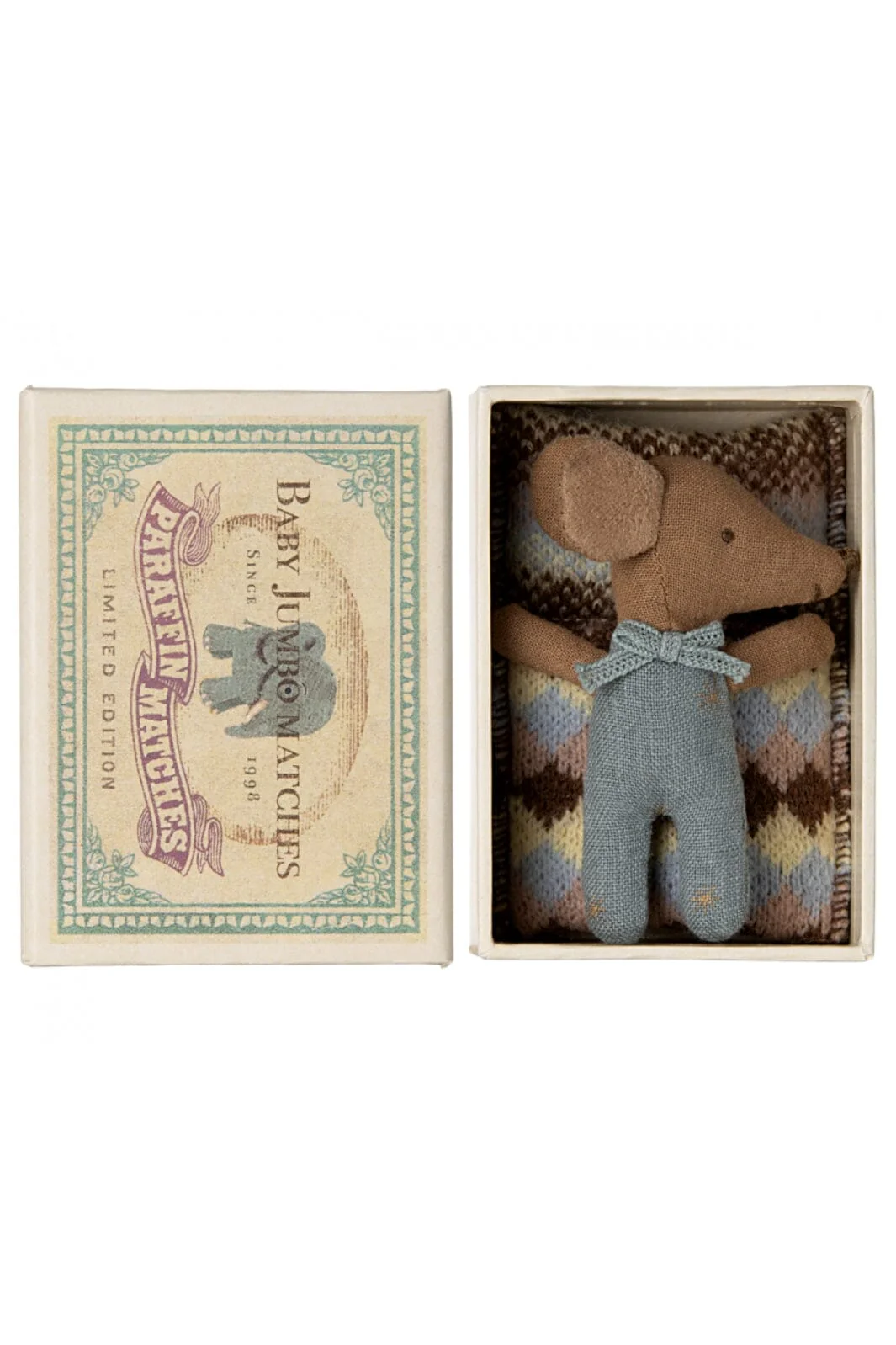 Maileg Sleepy Wakey Baby Mouse In Matchbox blue 1