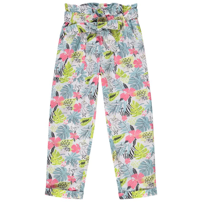 Pantalon imprimé tropical et ceinture à nouer pour fille - Blanc