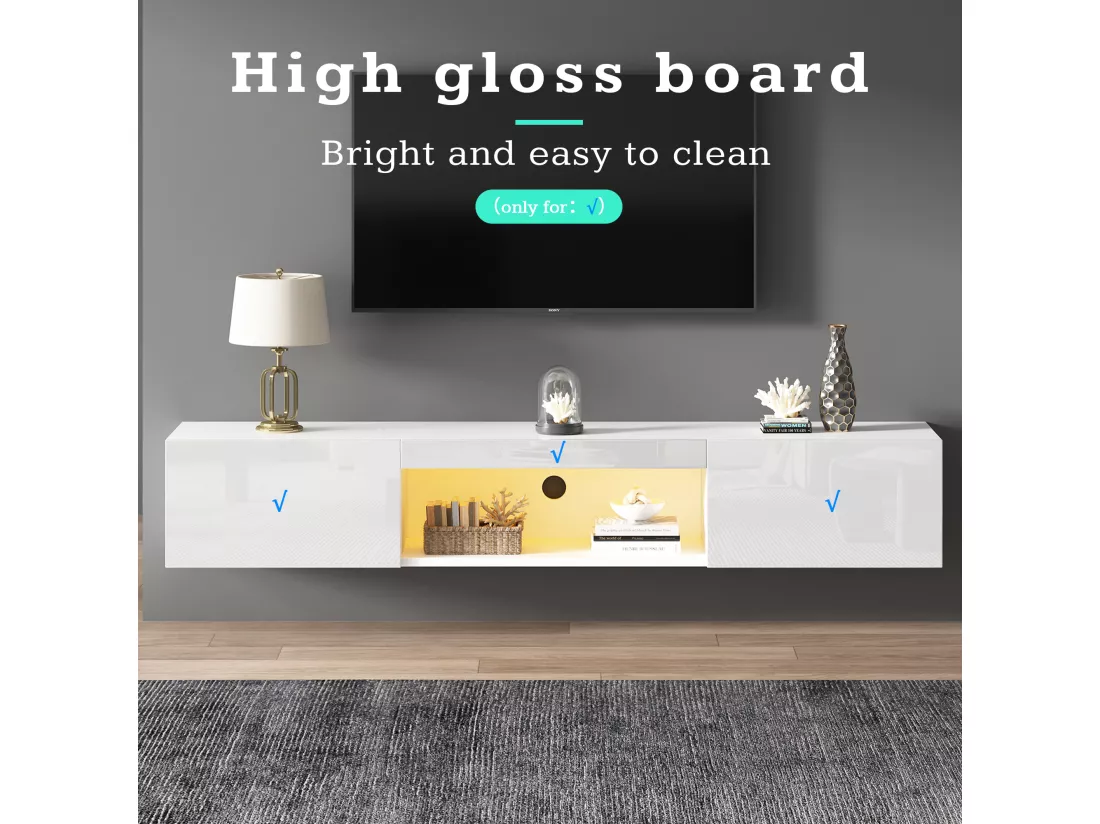 Meuble TV suspendu avec 2 portes et compartiment ouvert - 160 x 31 x 22 cm - LEDs - Panneau de particules - Blanc brillant