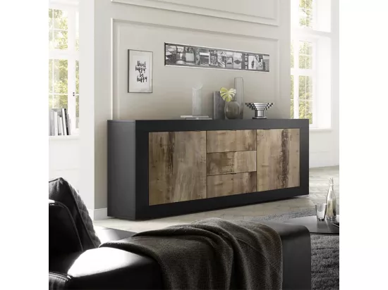OTELLO - Buffet 2 Portes 3 Tiroirs Finition Noir Mat et Aspect Bois Antik