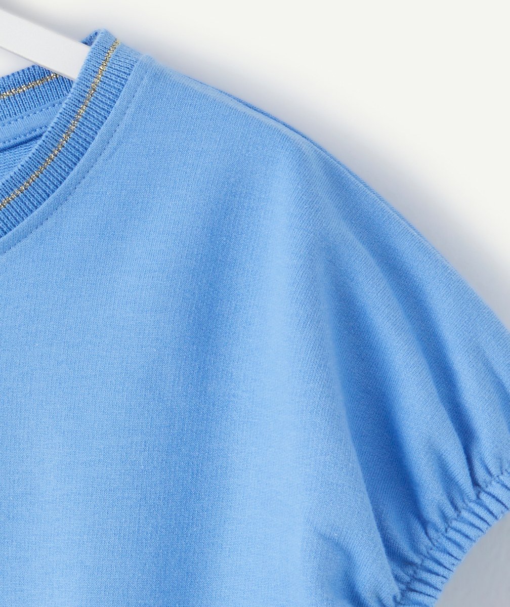 t-shirt manches courtes fille en coton bio bleu avec détails pailletés