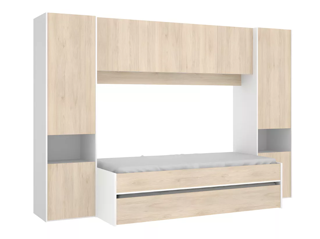 Lit gigogne avec pont de lit SELENA - 90 x 190 cm - Coloris : chêne et blanc + matelas