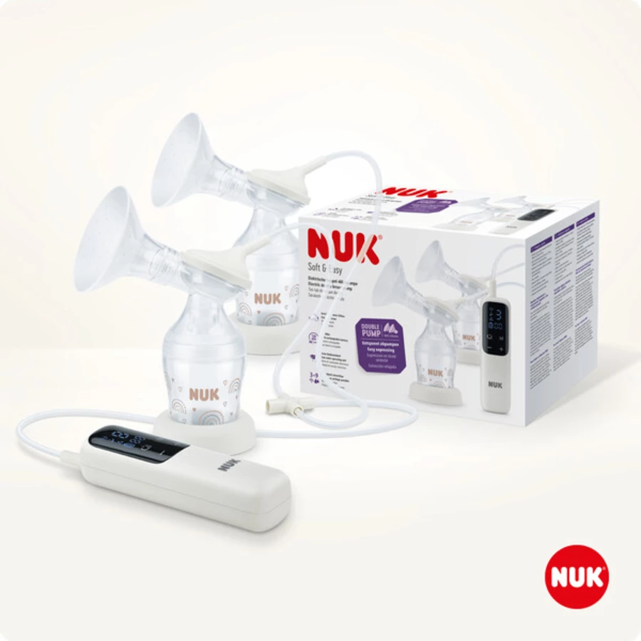 NUK elektrische Doppelmilchpumpe Soft & Easy mit Akku und weicgen Brustaufsätzen inkl. Babyflasche Perfect Match 150ml