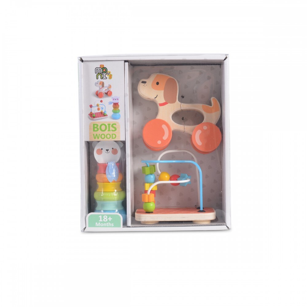 Moni Holzspielzeug-Set 2203, 9-tlg, Motorikschleife, Nachziehtier, Stapelspiel bunt