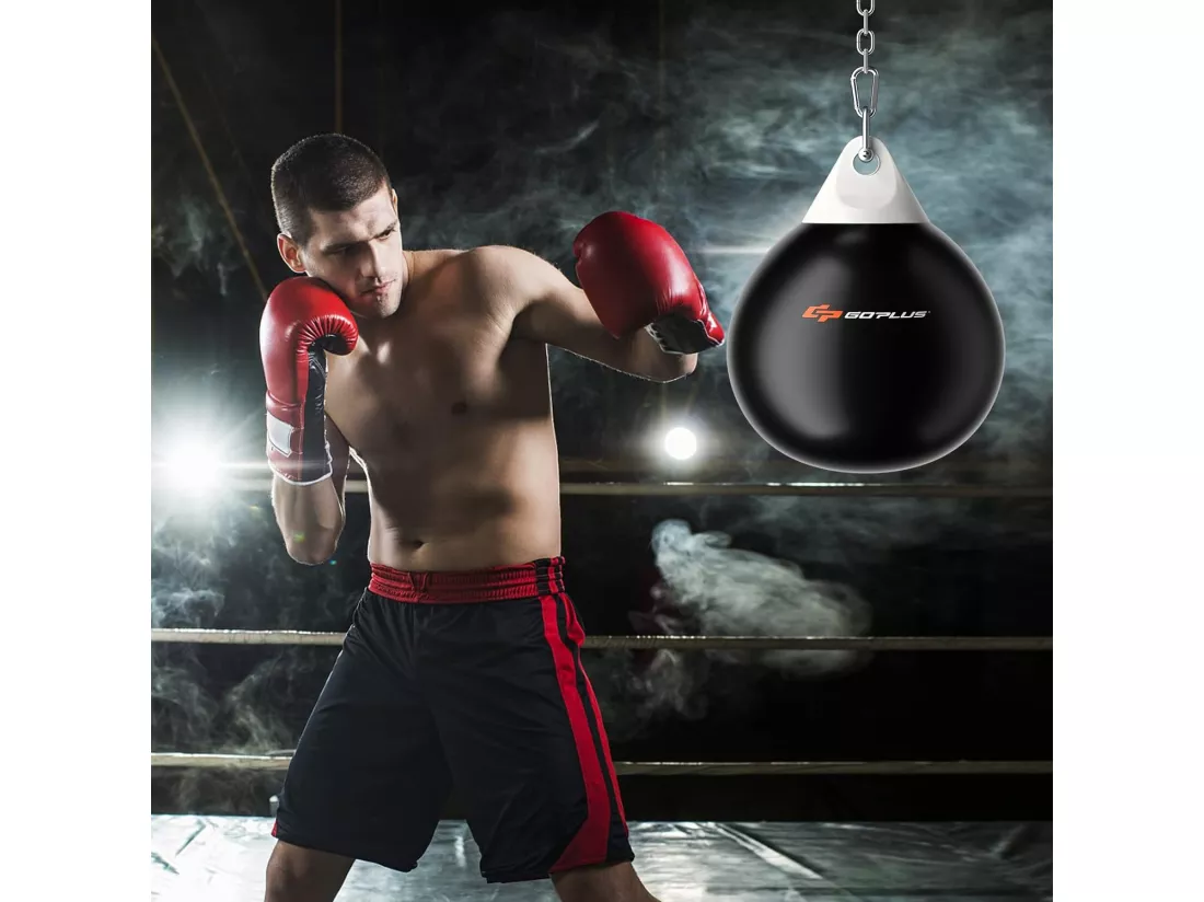 Sac de Frappe à Eau 45 x 58 cm avec Chaîne Métallique Réglable Charge Max 50KG, Entraînement Professionnel et Débutant avec Boucles d’Assurance, Fitness pour Maison Gym (Noir)