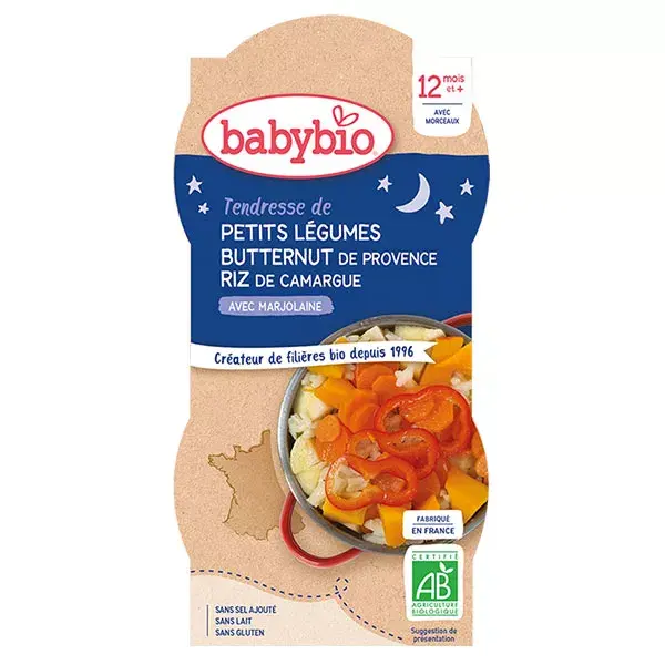 Tigela de refeição noturna Babybio com legumes pequenos, abóbora cabotiá e arroz +12 meses Orgânico 2 x 200g