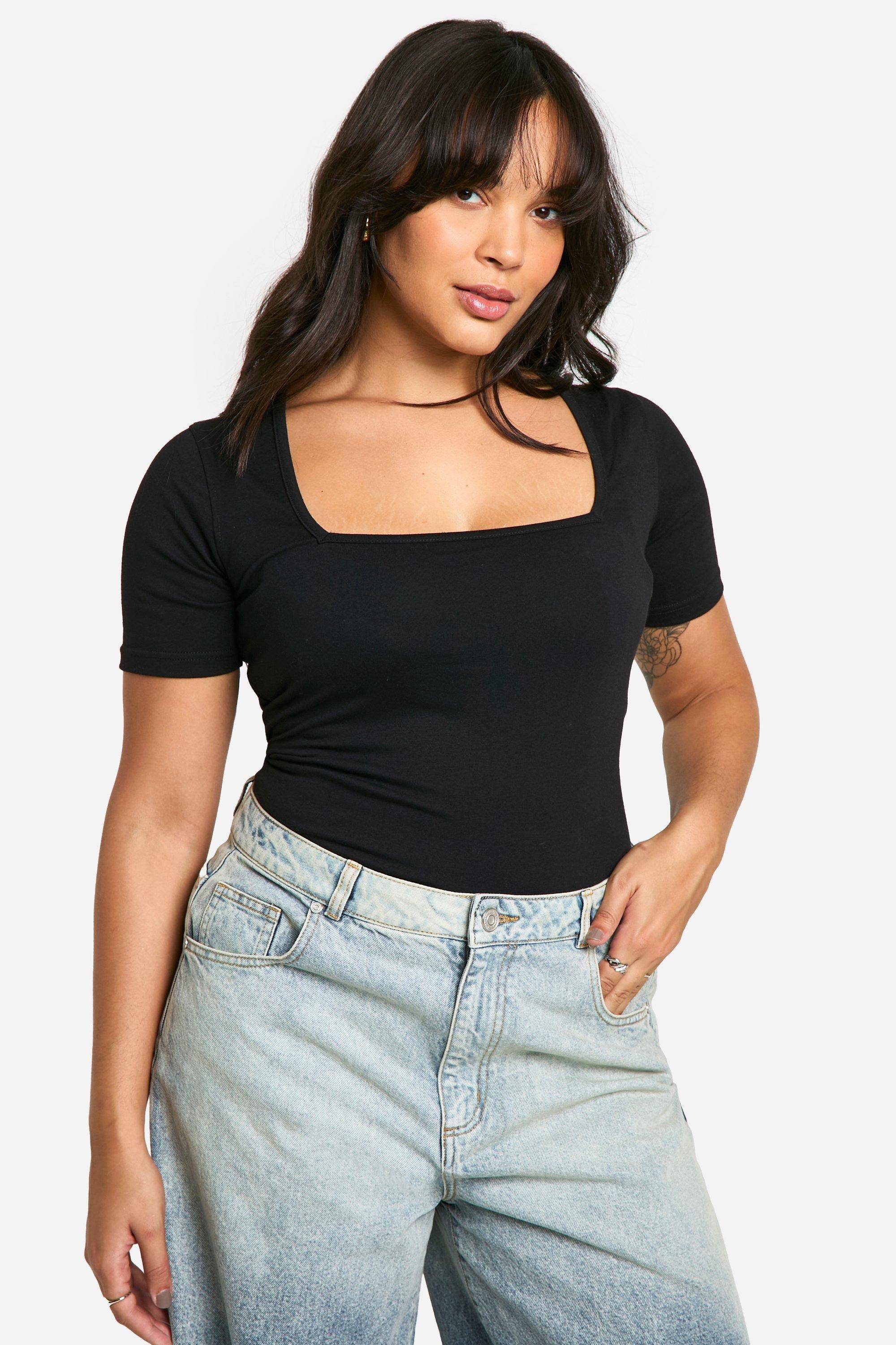 boohoo Boohoo Basics Plus Bodysuit en coton à encolure carrée et manches courtes