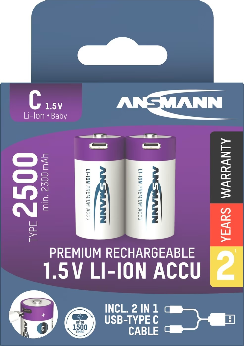 (2er Set) 2500mAh Wiederaufladbarer LR14 Lithium Ionen Akku USB C Baby Batterie (1313-0004)
