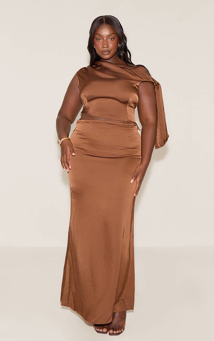 Chocolat Jupe Longue Satinée Taille Mi-haute Grande Taille