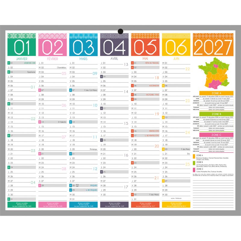 Calendrier semestriel mural 2027 - Tendance - L 26,5 x H 21 cm