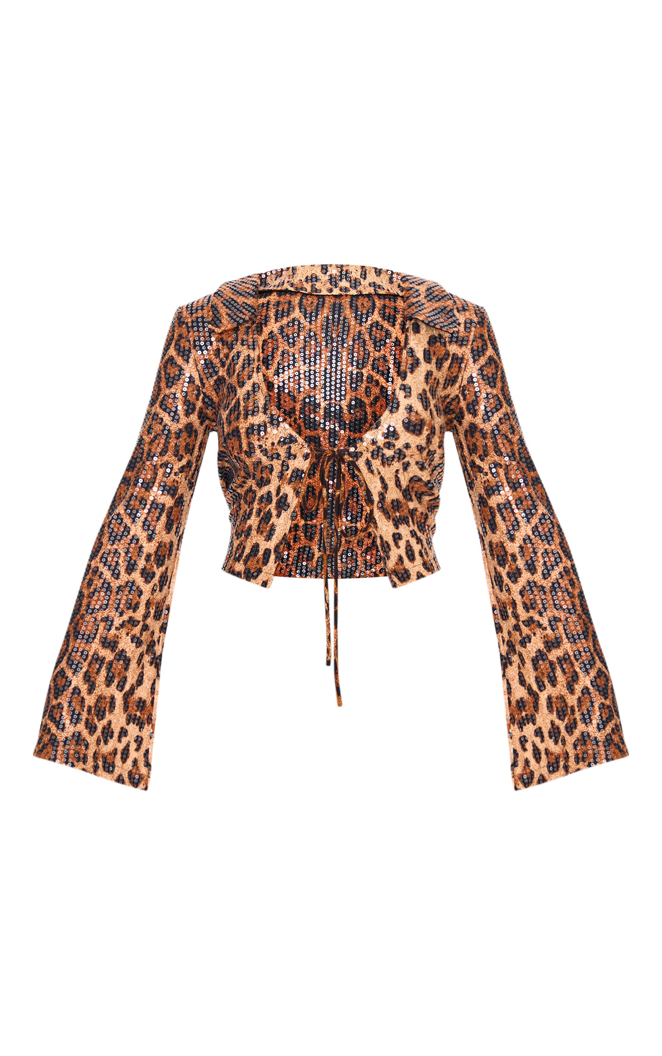 Marron Chemise À Manches Longues Imprimé Léopard À Paillettes Avec Détail Noué Devant