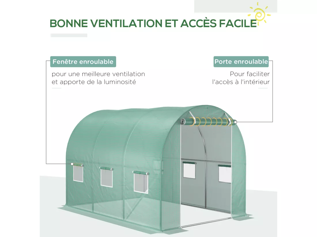 Bâche de rechange serre tunnel 6 m², bâche dim. 3L x 2l x 2H m PE anti-UV imperméable 6 fenêtres + porte enroulable zippée vert