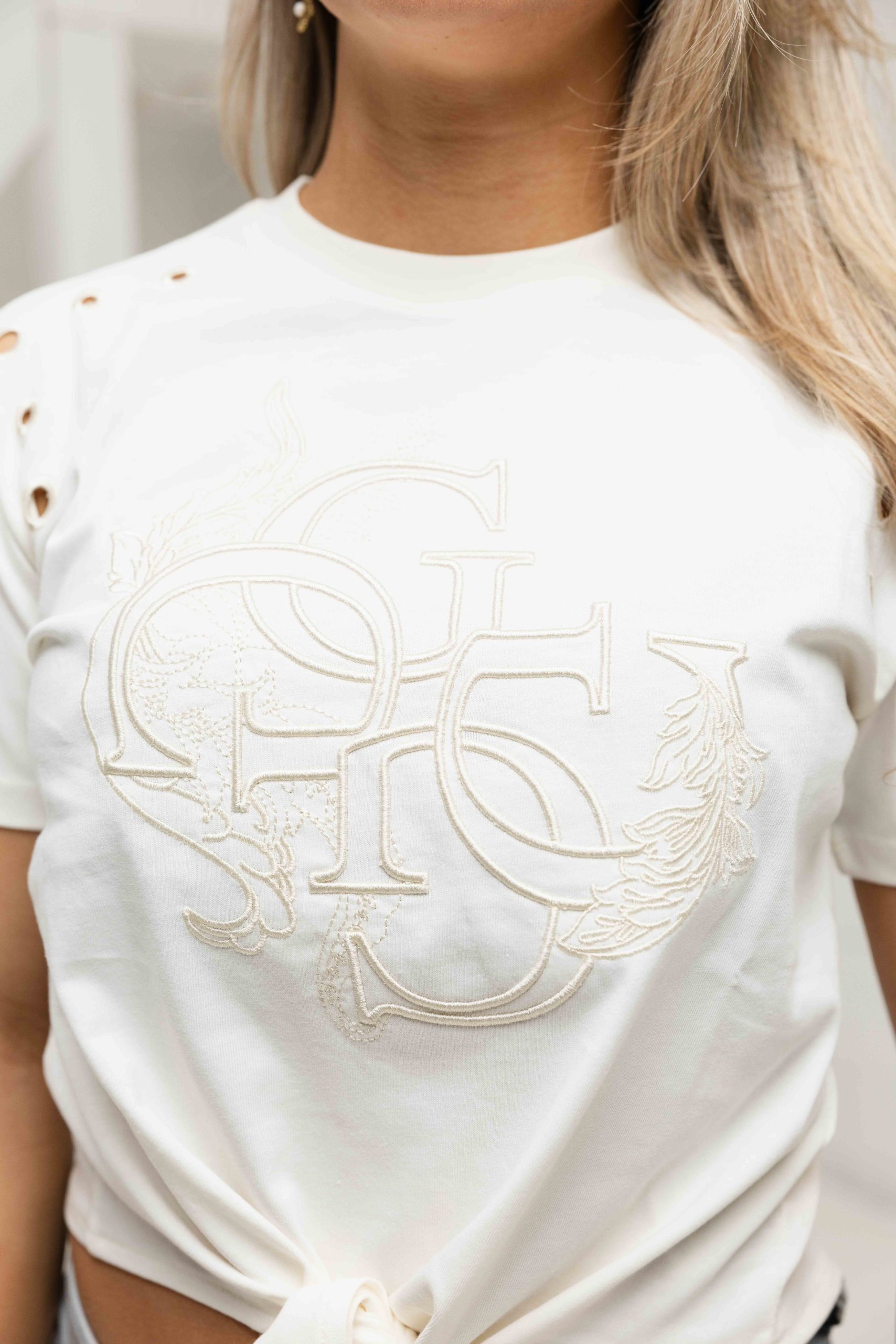 Guess Eyelet Tone T-Shirt Dames Beige