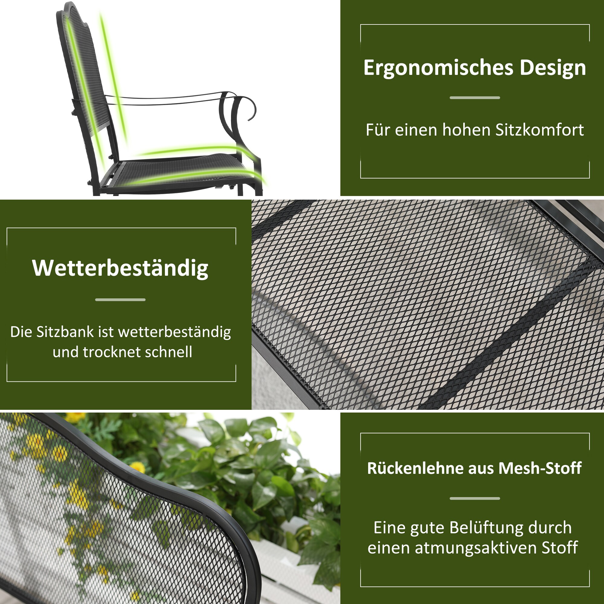 Outsunny Gartenbank mit Rückenlehne schwarz 113L x 58B x 98H cm