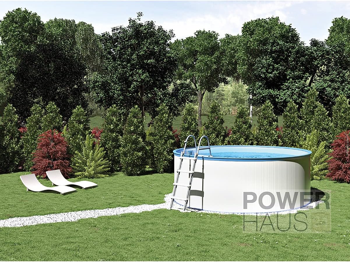 Medipool Schwimmbecken-Set Ø 3,50 x 1,20 m, Rundform, weiße Stahlwand, Blaue Innenhülle, Made in Europe, mit Kartuschenfilteranlage und Sicherheitsleiter