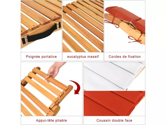 Chaise Longue Pliante en Bois Massif, Bain de Soleil avec Coussin Rembourré à Double Face et Appui-Tête Pliable, Chaise d'Extérieur à Lattes pour Jardin, Pelouse, Piscine, Charge 180 KG