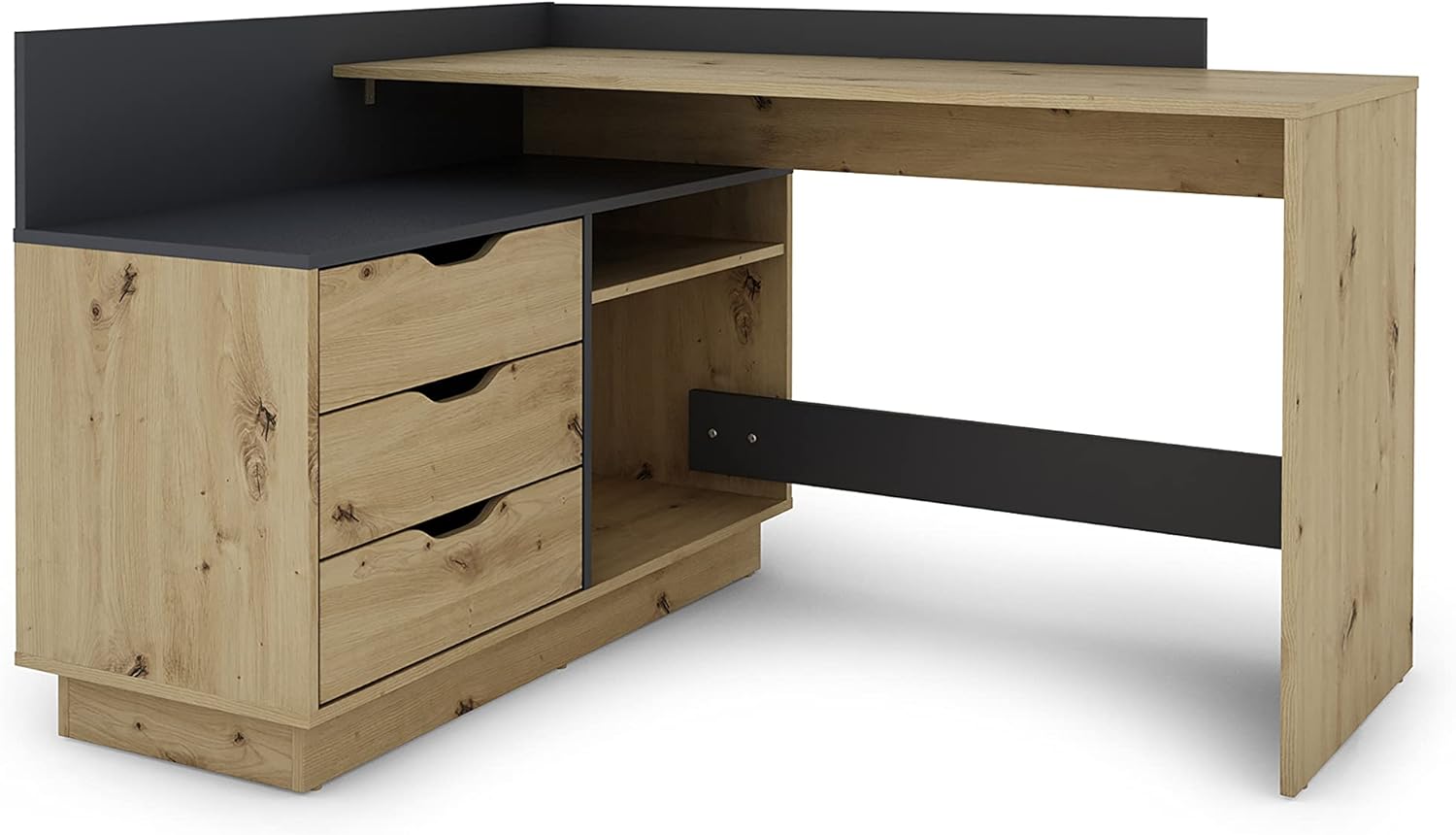 byLIVING Winkelschreibtisch Belfast/Rechts oder Links montierbar / 3 Schubkästen/Artisan Eichen-Optik - anthrazit/Bürotisch/Eckschreibtisch/Schreibtisch/B 129, H 83,5, T 105 cm