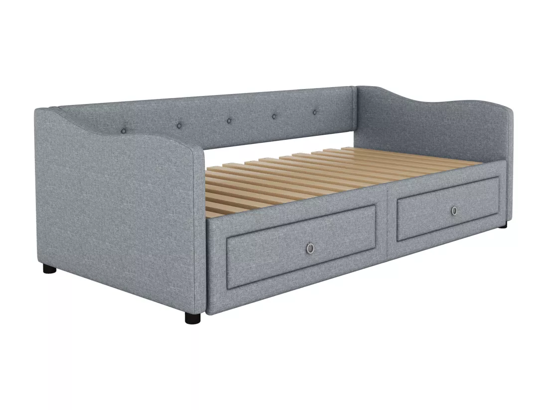 Lit gigogne 90/180 x 200 cm avec 2 tiroirs - tissu en lin - gris (sans matelas)