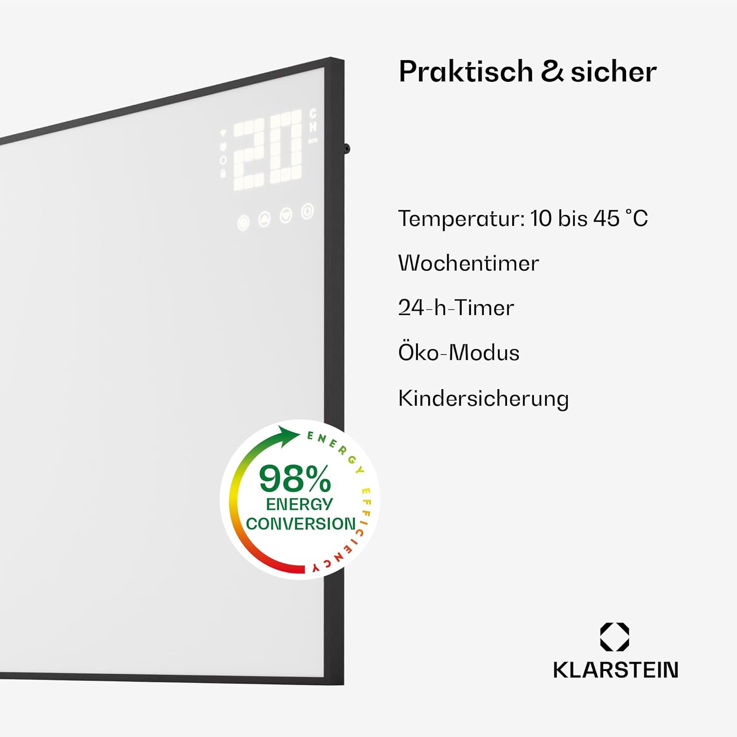 Klarstein Infrarotheizung mit Thermostat, 770W Elektroheizung, Smart Home Bild-Infrarotheizung zur Wandmontage, IR mit App-Steuerung & Erkennung offener Fenster, Feuchtraum Heizkörper CO2-Frei