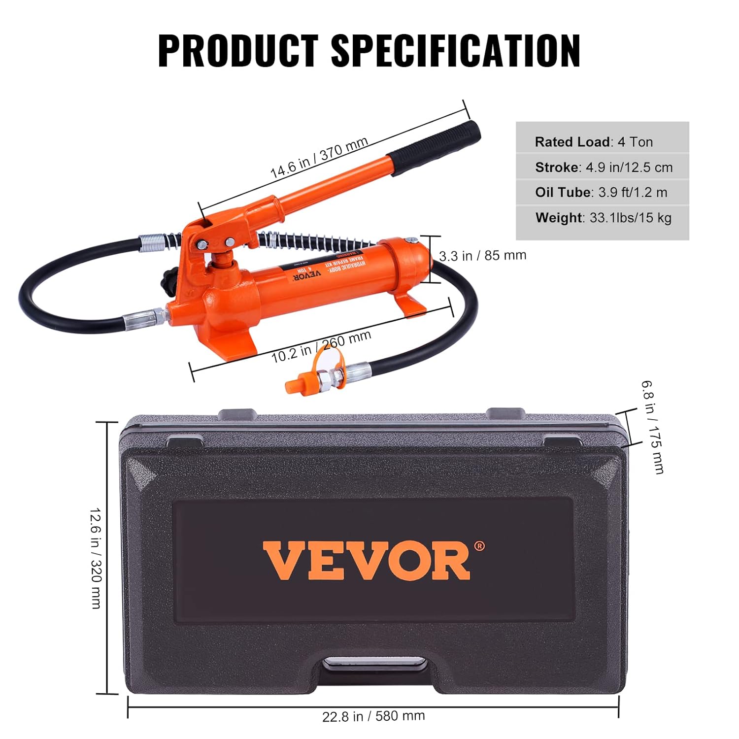 VEVOR Hydraulischer Wagenheber Luftpumpe 4 t, Lufthydraulischer Heber 125 mm Hub Rot, inkl. 80/130 / 210/415 mm Verlängerungsstange, Elektrostatisches Pulversprühen Autoreparatur