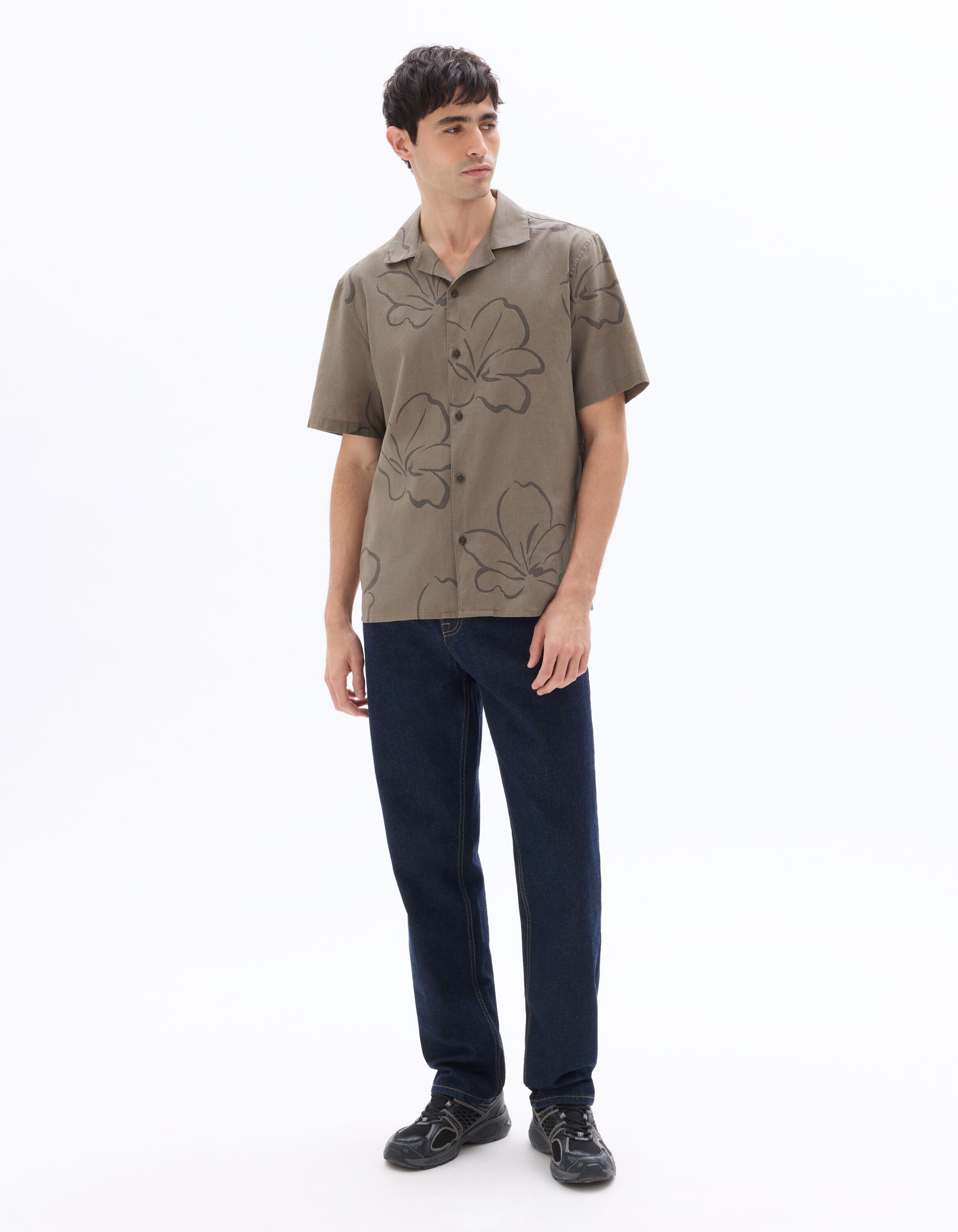Chemisette regular imprimé fleurs en lin et coton - marron