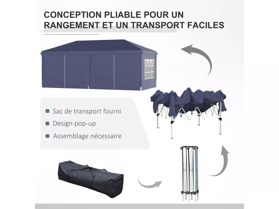 Tonnelle barnum pliant pop-up imperméabilisé 5,85L x 2,95l x 2,7H m 6 parois latérales amovibles 4 fenêtres + sac de transport bleu