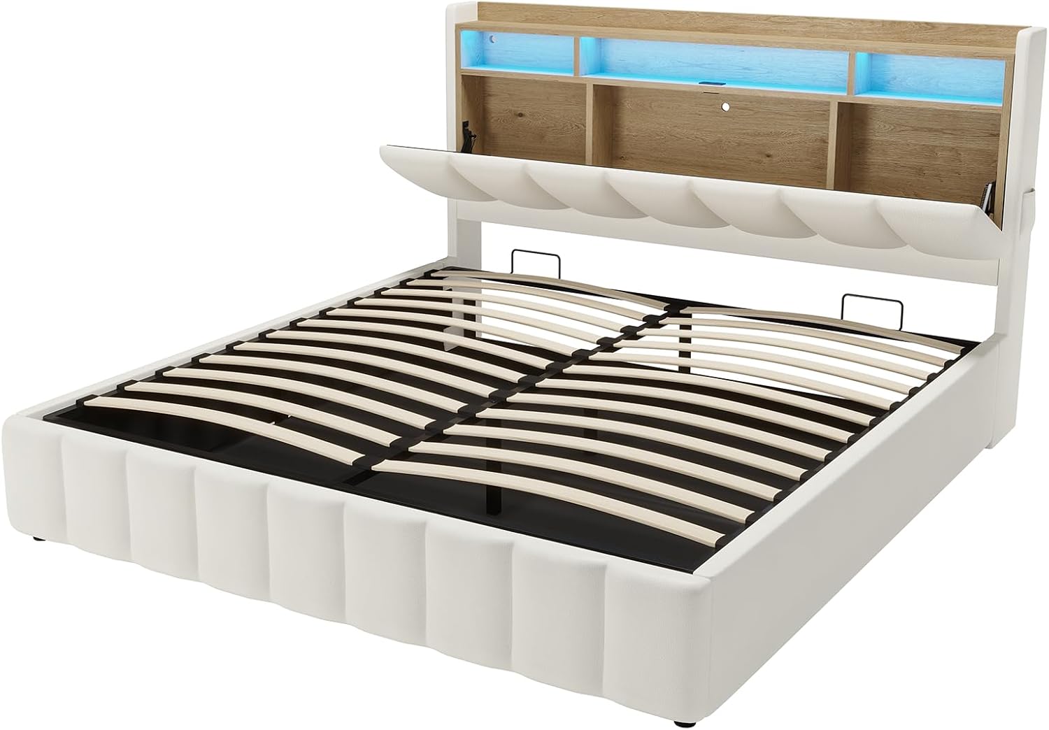 Bett mit LED Beleuchtung, Hydraulisches Bett 160 x 200 cm, Polsterbett, Regalkopfteil mit Stauraum, Bettgestell mit Lattenrost, bequem, für Schlafzimmer, Gästezimmer, PU Weiß