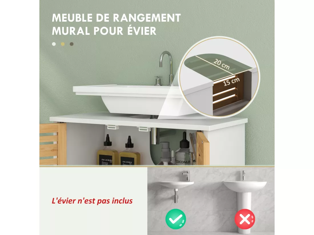 Meuble sous vasque style cosy naturel - 2 portes, étagère - dim. 60L x 30l x 60H cm - blanc bambou