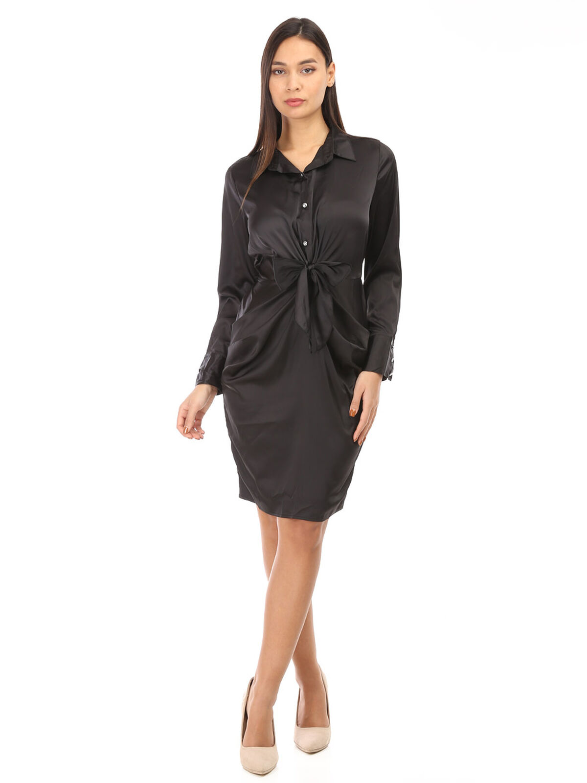 Robe chemise satinée à nouer- Noir