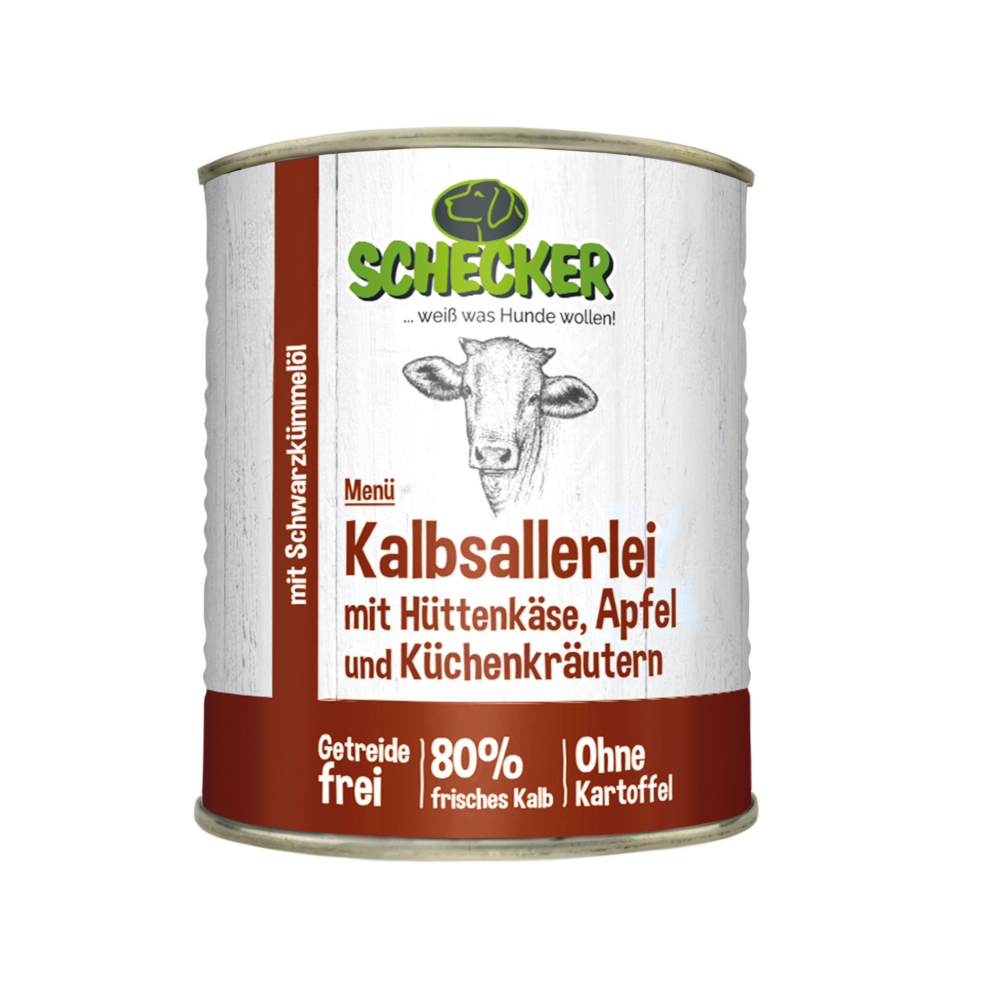 Schecker Hundemenü Nassfutter mit 80% Kalb mit Hüttenkäse, Apfel und Schwarzkümmelöl