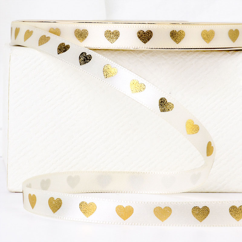 (1cmx35m) Geschenkband Satin Deko Band mit Herz Print - Naturweiss