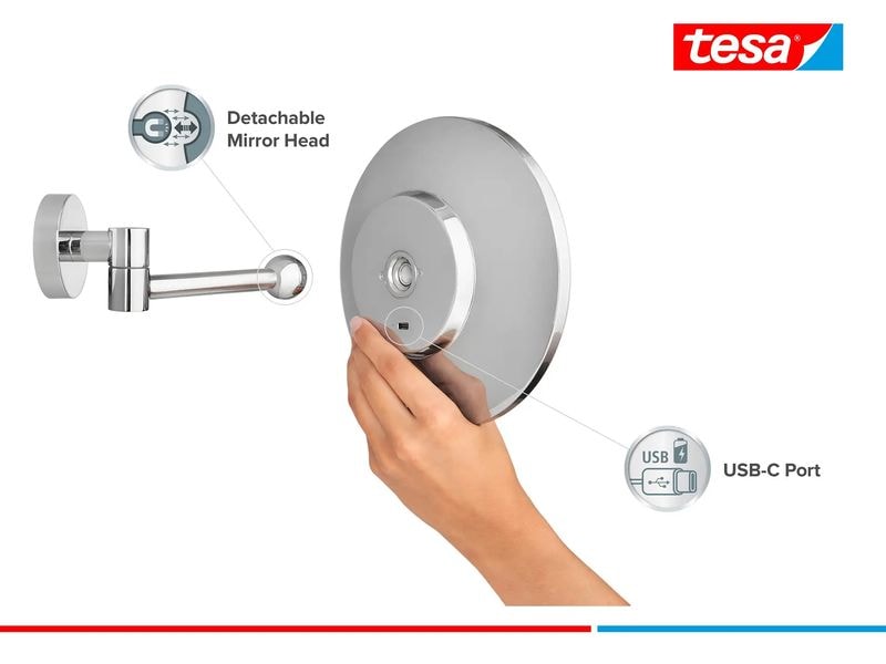 tesa Kosmetikspiegel Visioon LED, Chrom Runder Vergrösserungsspiegel mit LED-Beleuchtung, fünffacher Vergrösserungsfunktion für Details