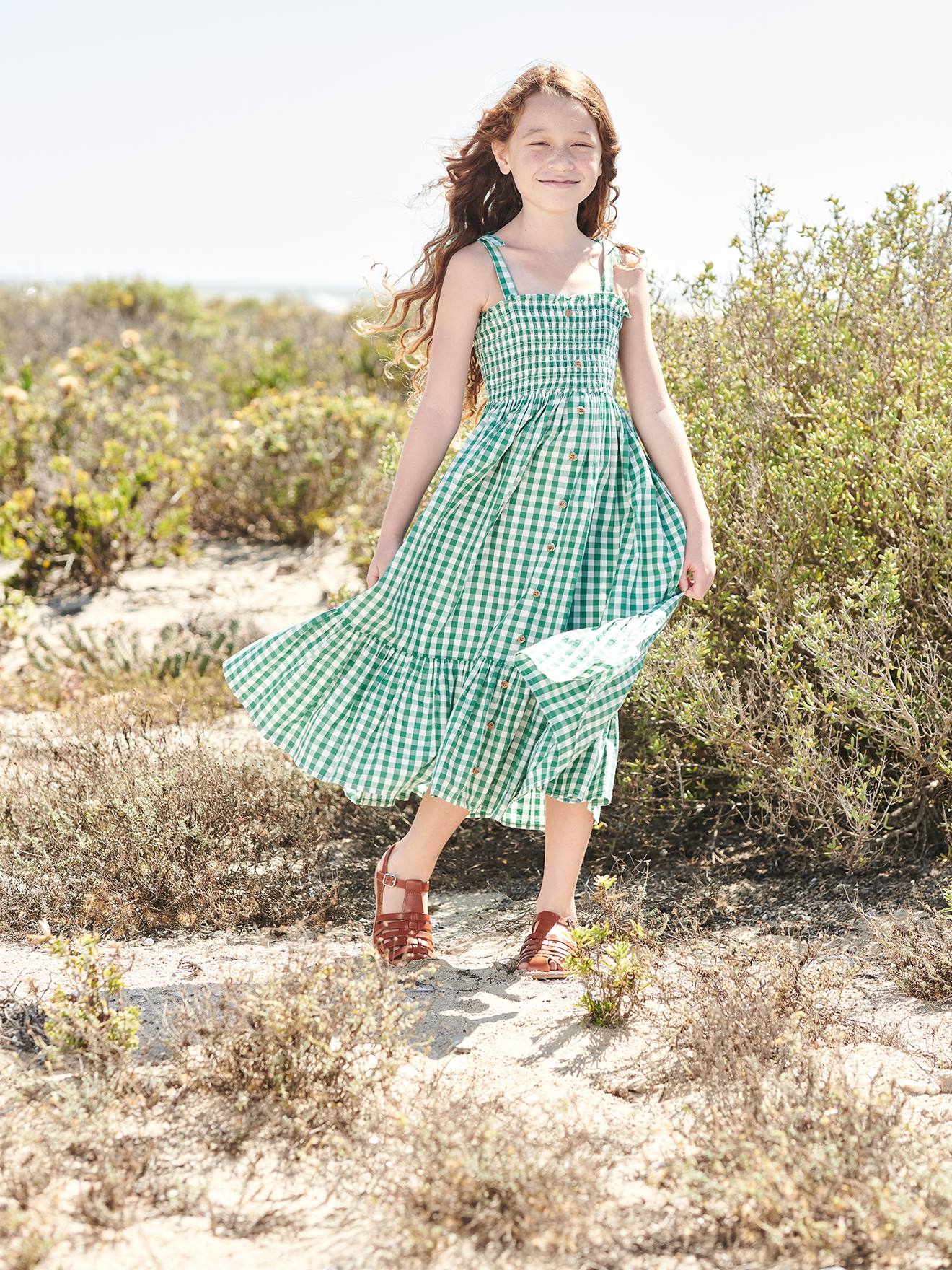Vestido longo com detalhes franzidos, para menina, xadrez verde médio.