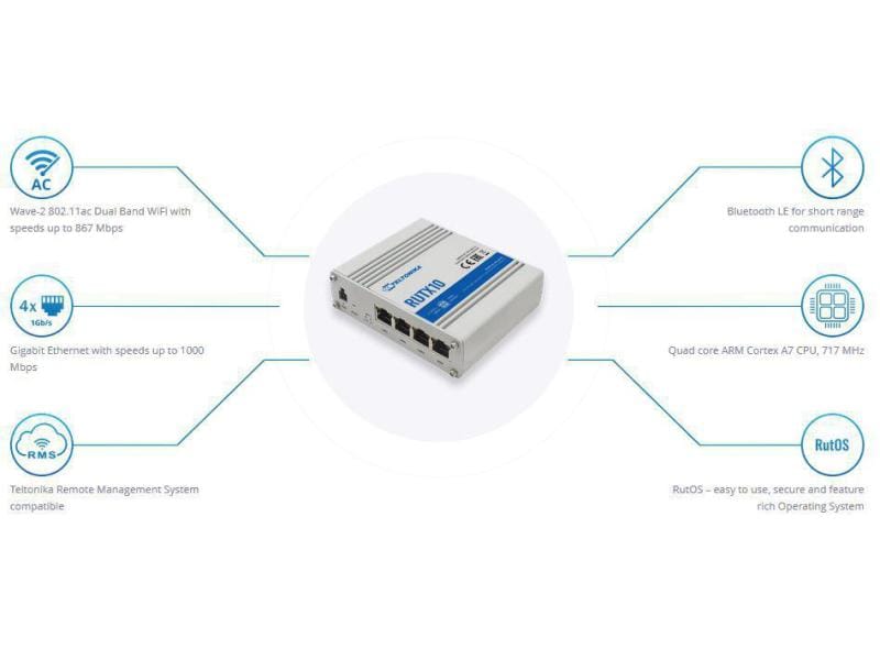 Teltonika VPN-Router RUTX10 Industrierouter mit WLAN-AC Teltonika RUTX10 mit Bluetooth LE und Wave-2 802.11ac Dual Band WiFi