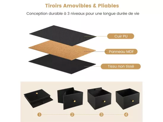 Commode Chambre, Commode Chambre Adulte 5 Tiroirs en Cuir PU et Tissu Pliable, Cadre en Métal, Chiffonnier Moderne avec Poignée Doré, Commode Rangement pour Salon, Entrée, Noir (5 Tiroirs)