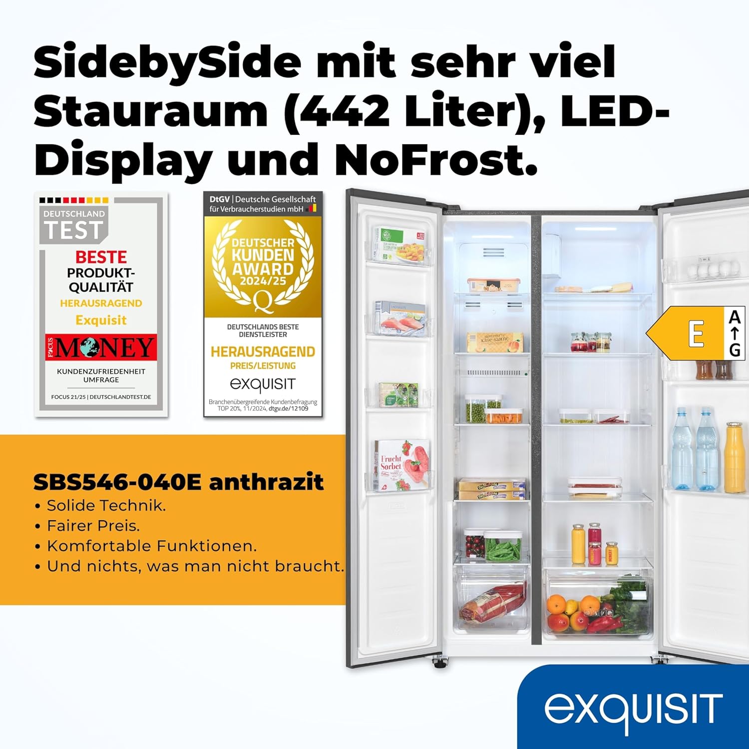 Exquisit Side-by-Side Kühlschrank mit Gefrierteil, 442 Liter, 10 Ablagen, No-Frost, LED-Anzeige, 91 cm Breite, SBS546-040E anthrazit
