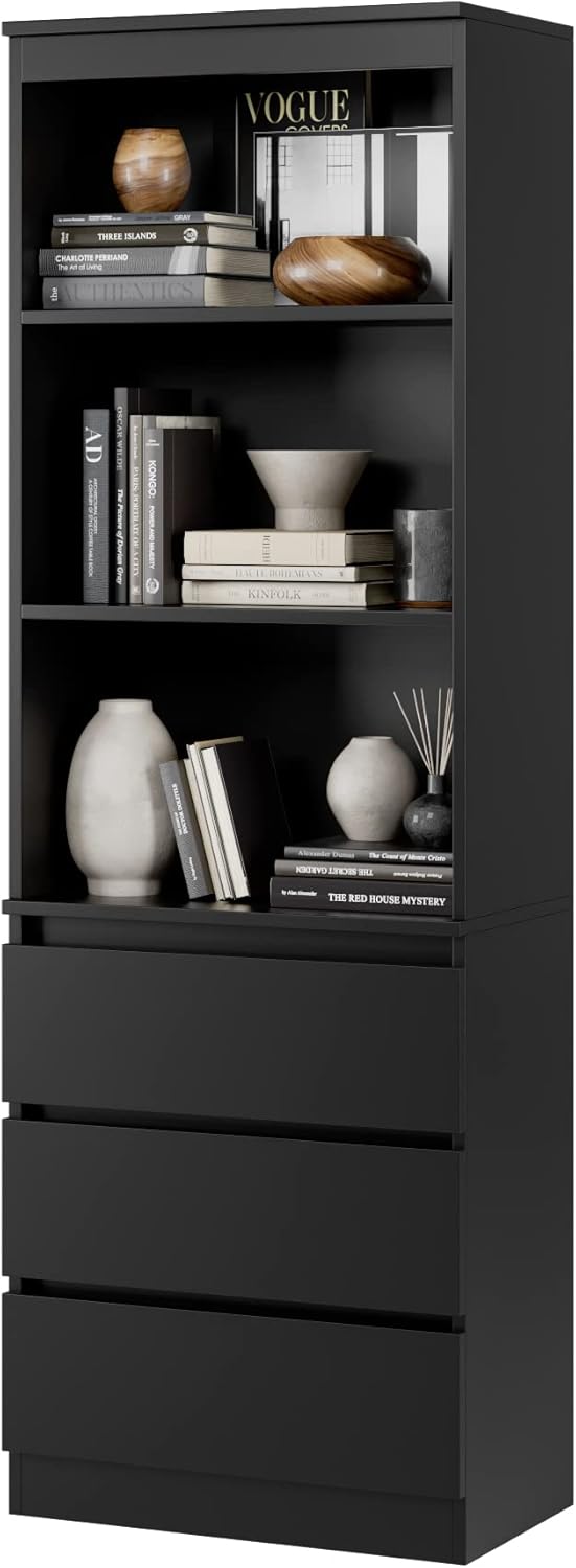 FirFurd Bücherregal mit 3 Schubladen 3 Fächern 180 cm Hochschrank Bücherschrank Vitrinenschrank Mehrzweckschrank für Wohnzimmer Büro Küche 60 x 35 x 180 cm Schwarz