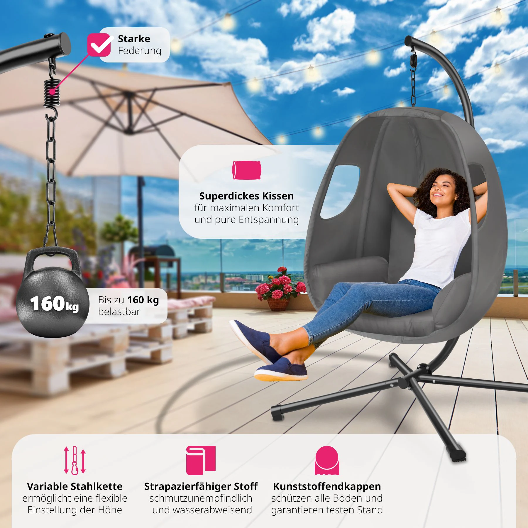 tectake® Hängesessel, mit extra dickem Sitzkissen, 360° drehbar, Belastbarkeit 160 kg, inklusive Schutzhülle, 100 x 97 x 201 cm